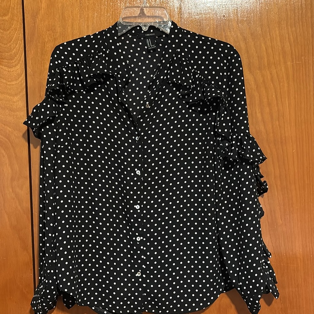 Black Polka Dot Blouse with Ruffle Sleeves